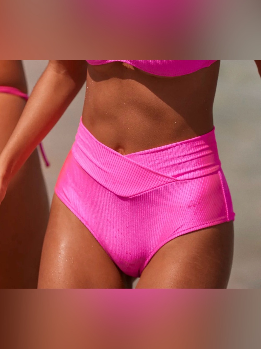NWT Aerie Shine Rib Crossover High Waisted Full Coverage Bottom Miami Pink - M